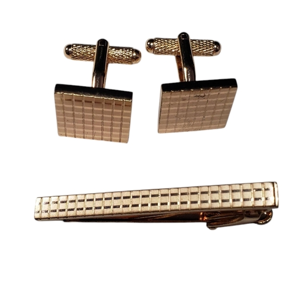 Cufflinks and Tie Clip Set Rose Gold Tone Metal Wedding Formal Tux - Picture 6 of 9